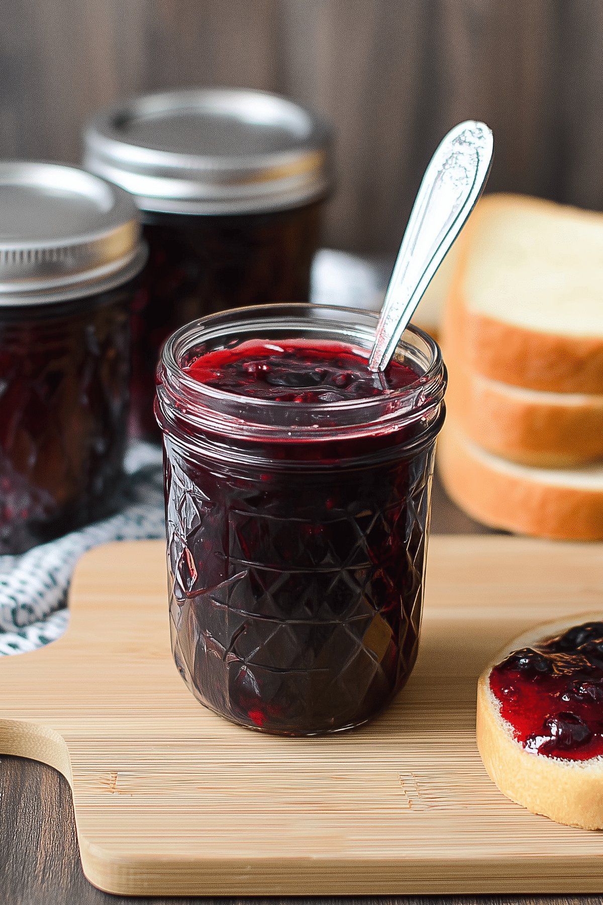 Blueberry Rhubarb Jam in a jar with fresh blueberries and rhubarb stalks