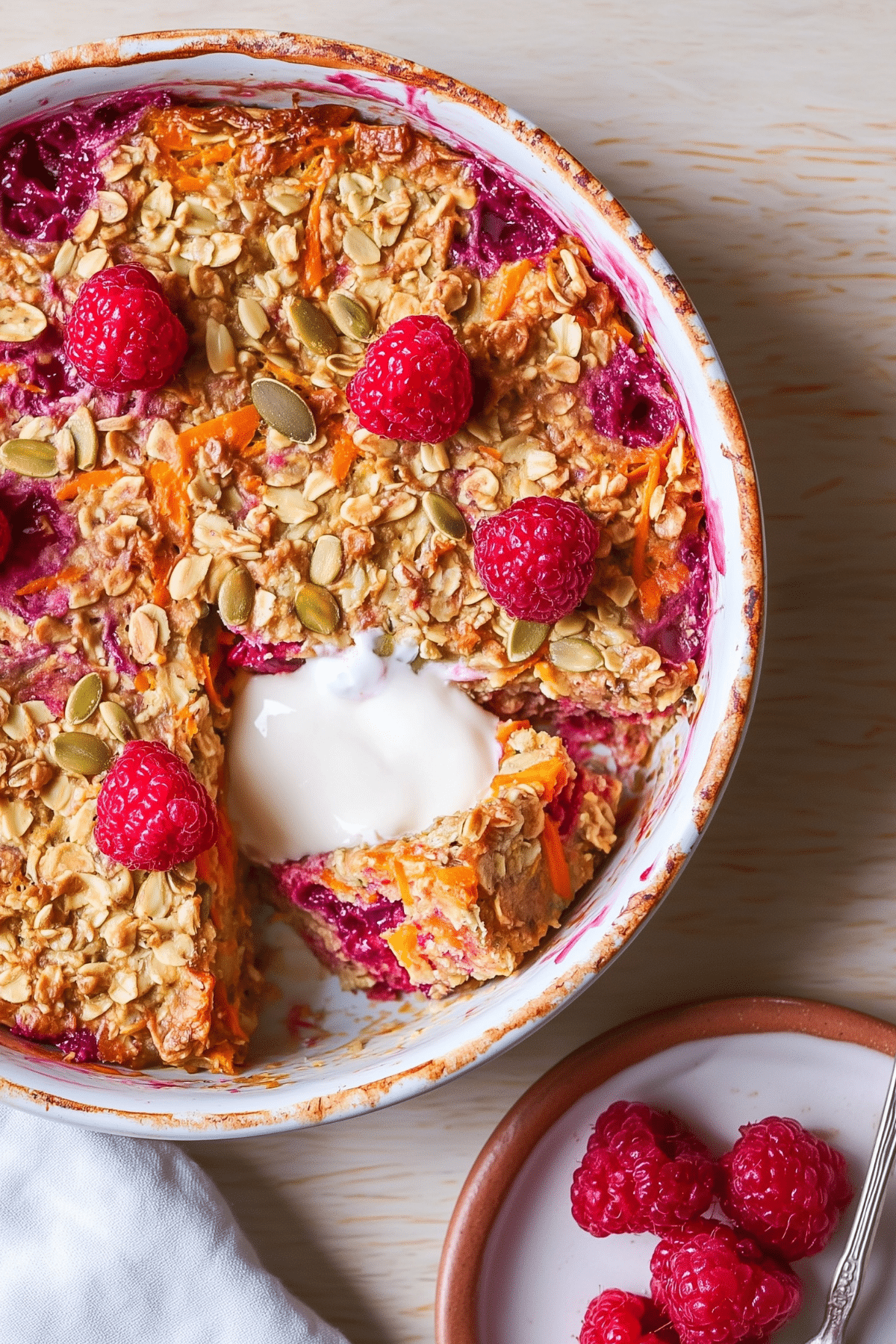 Carrot and Raspberry Baked Oats fresh from oven