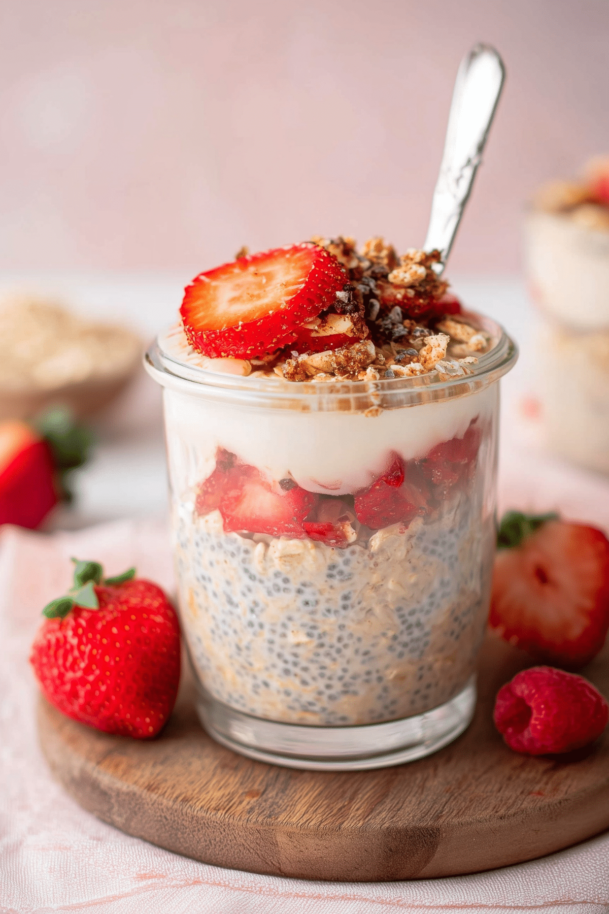 Cheesecake Overnight Oats with strawberries and graham cracker crust