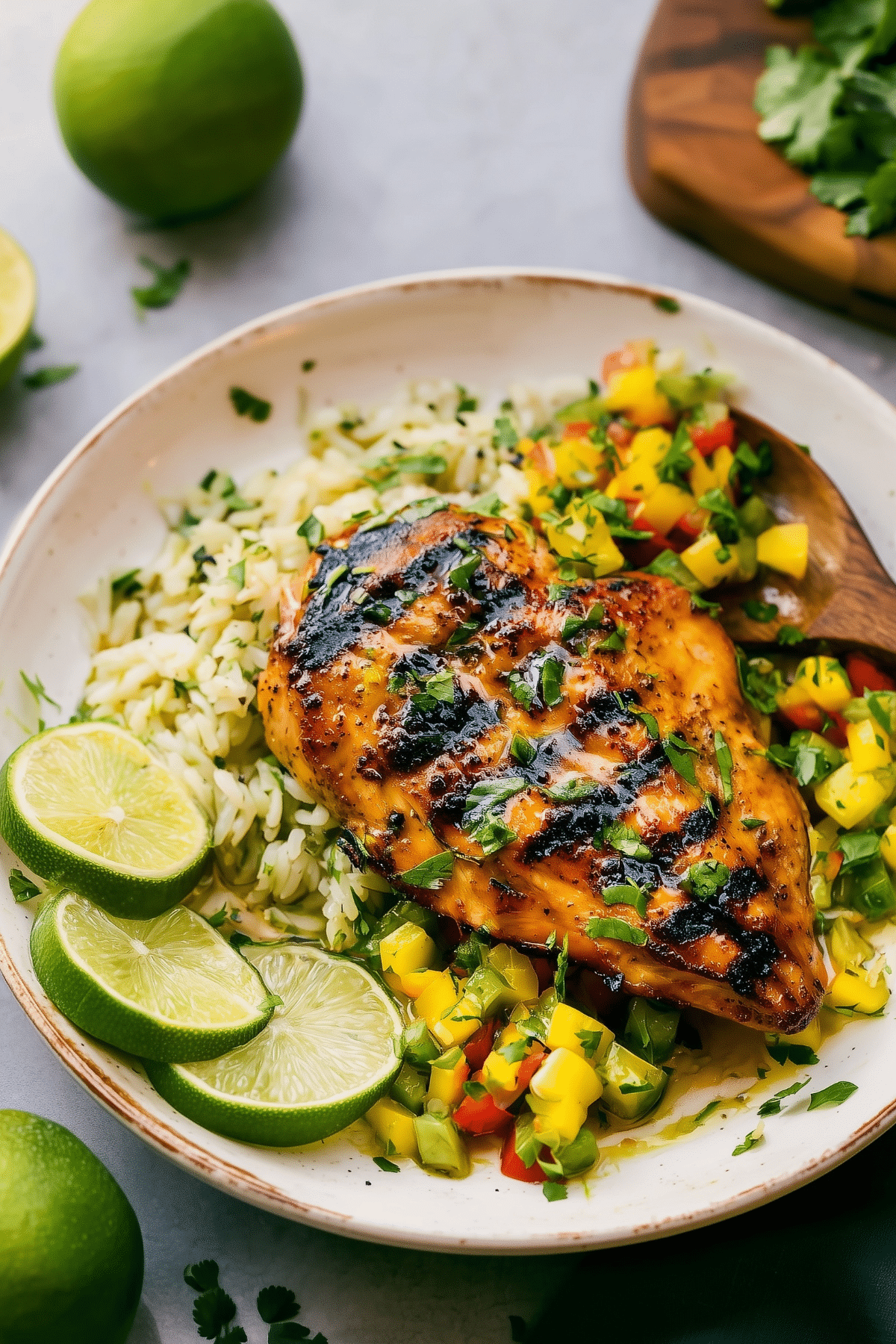 Cilantro Lime Chicken served with rice and avocado salsa