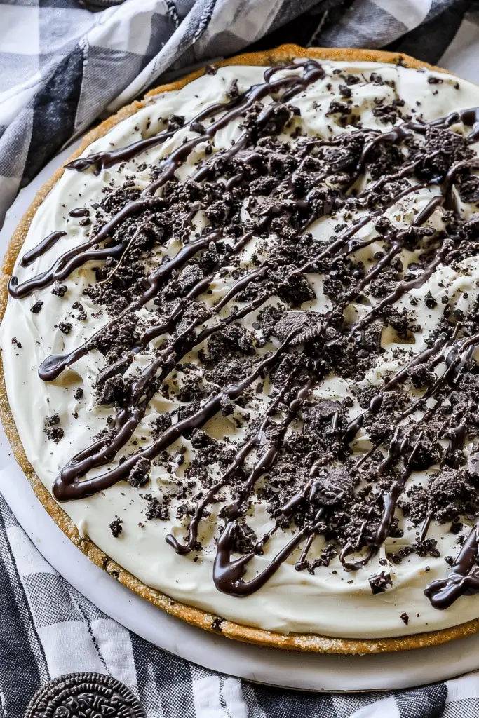 Cookies and Cream Dessert Pizza with Oreos and cream cheese frosting