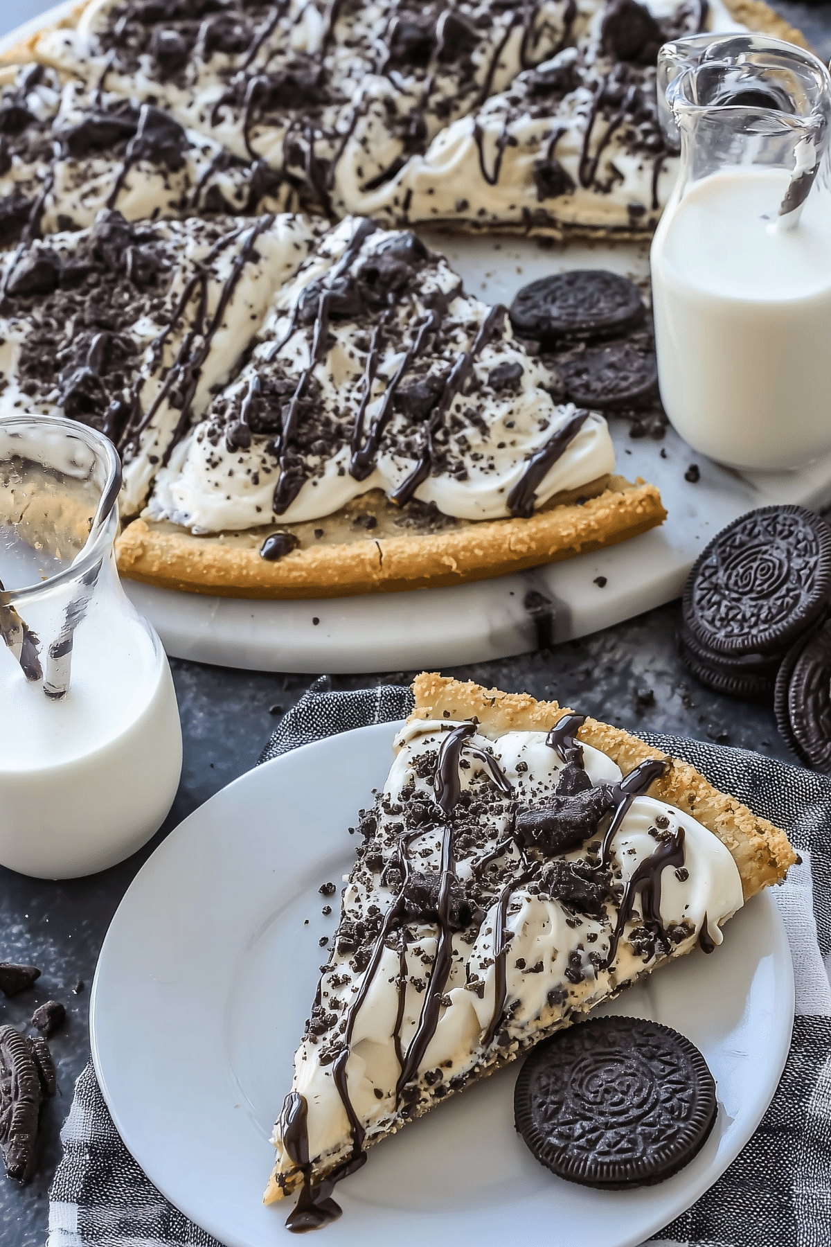 Cookies and Cream Dessert Pizza with Oreos and cream cheese frosting