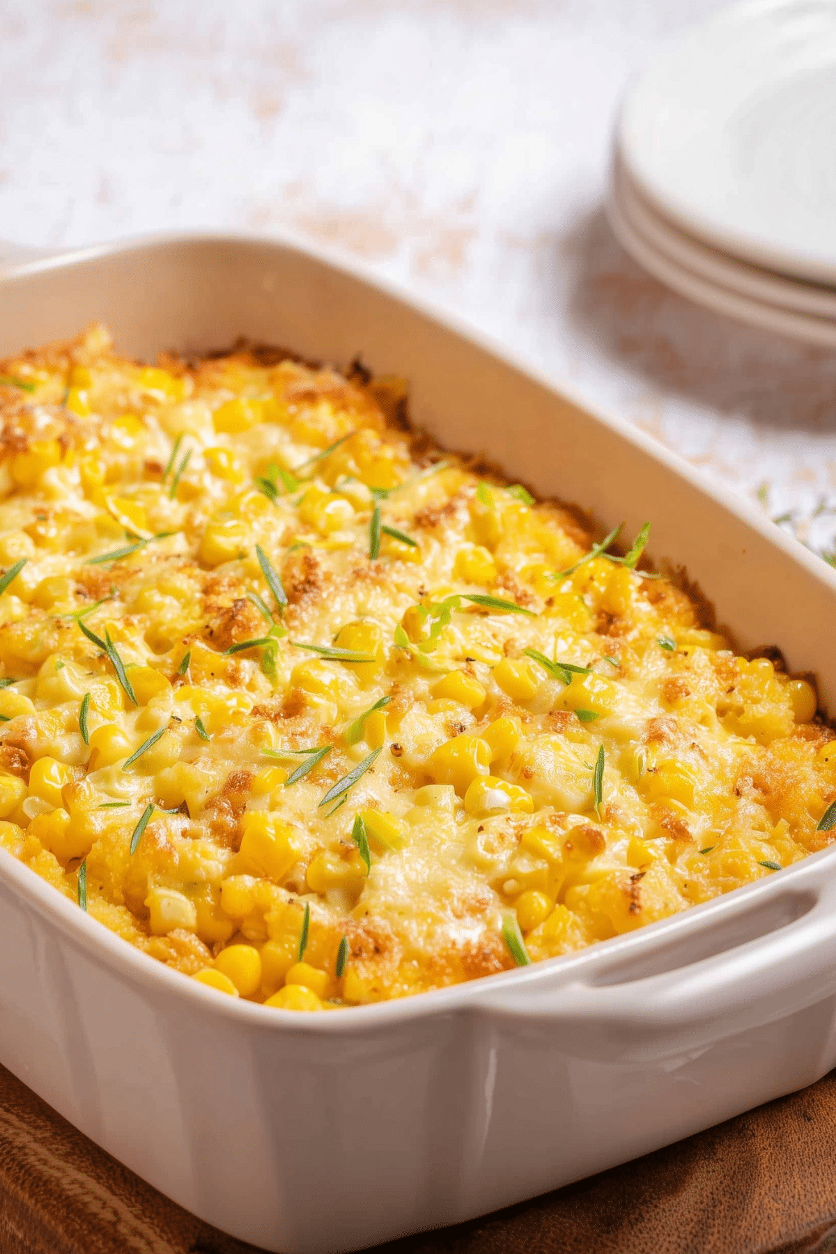 Corn casserole with cream cheese served in a baking dish