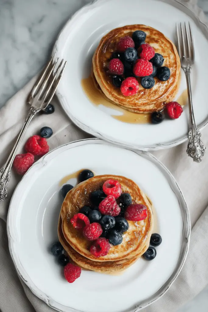 Cottage Cheese Banana Oatmeal Protein Pancakes stacked on a plate with fresh fruit