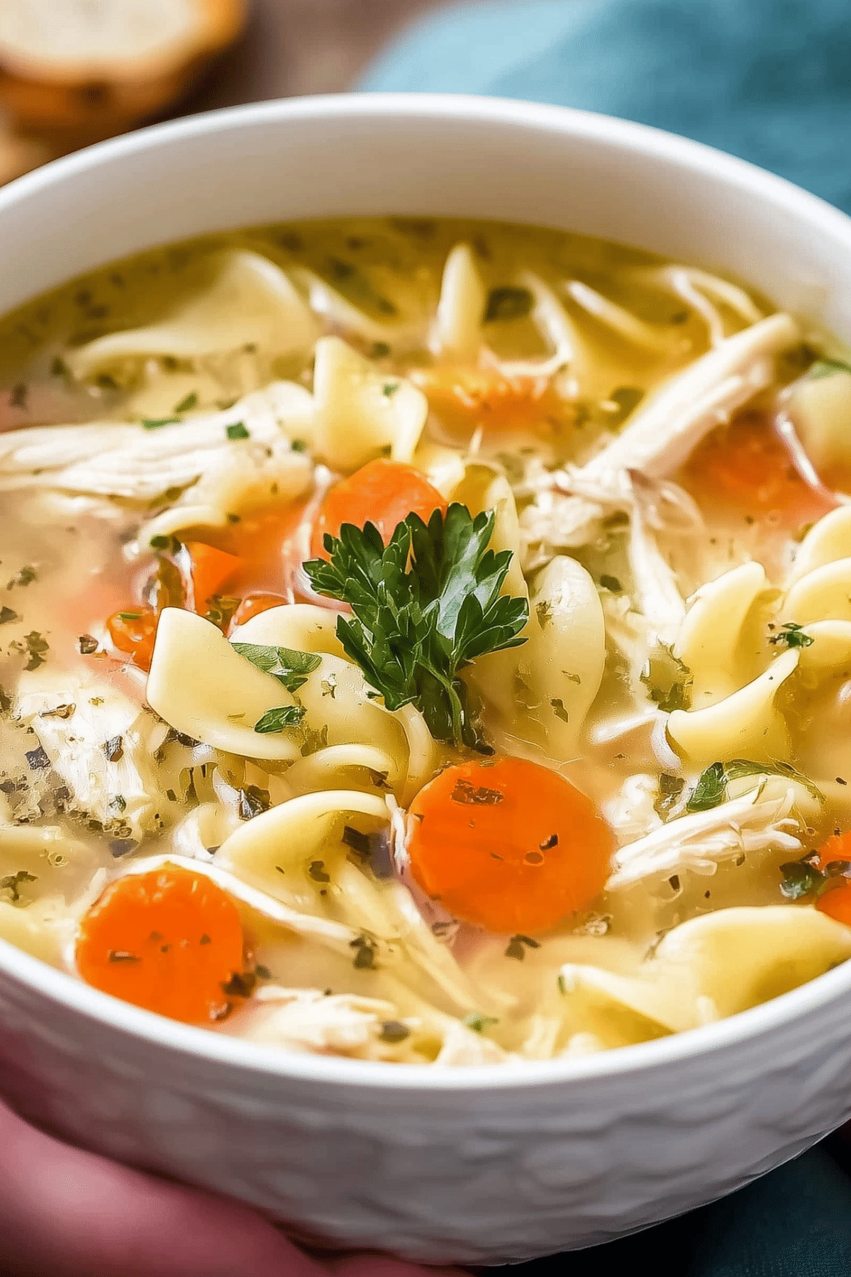 Crockpot Chicken Noodle Soup in a bowl with fresh parsley