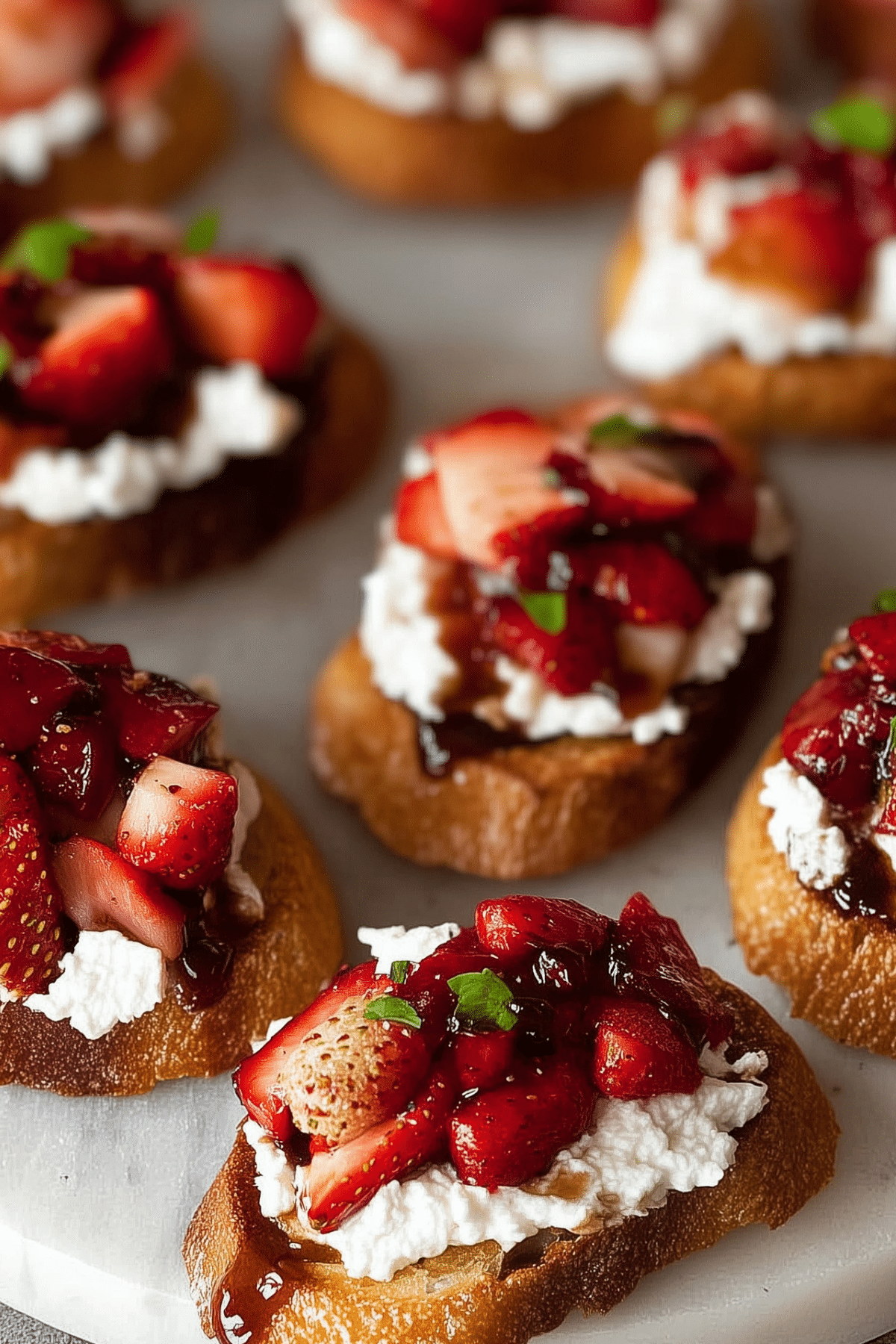 Crostini with balsamic strawberries and ricotta on toasted baguette slices