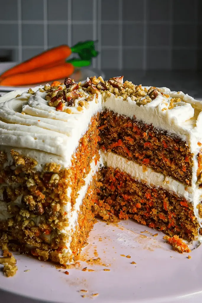 Moist eggless carrot cake sliced and served with frosting