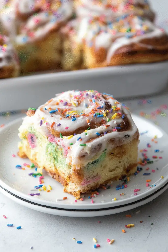 Funfetti Cinnamon Rolls with cream cheese frosting and rainbow sprinkles