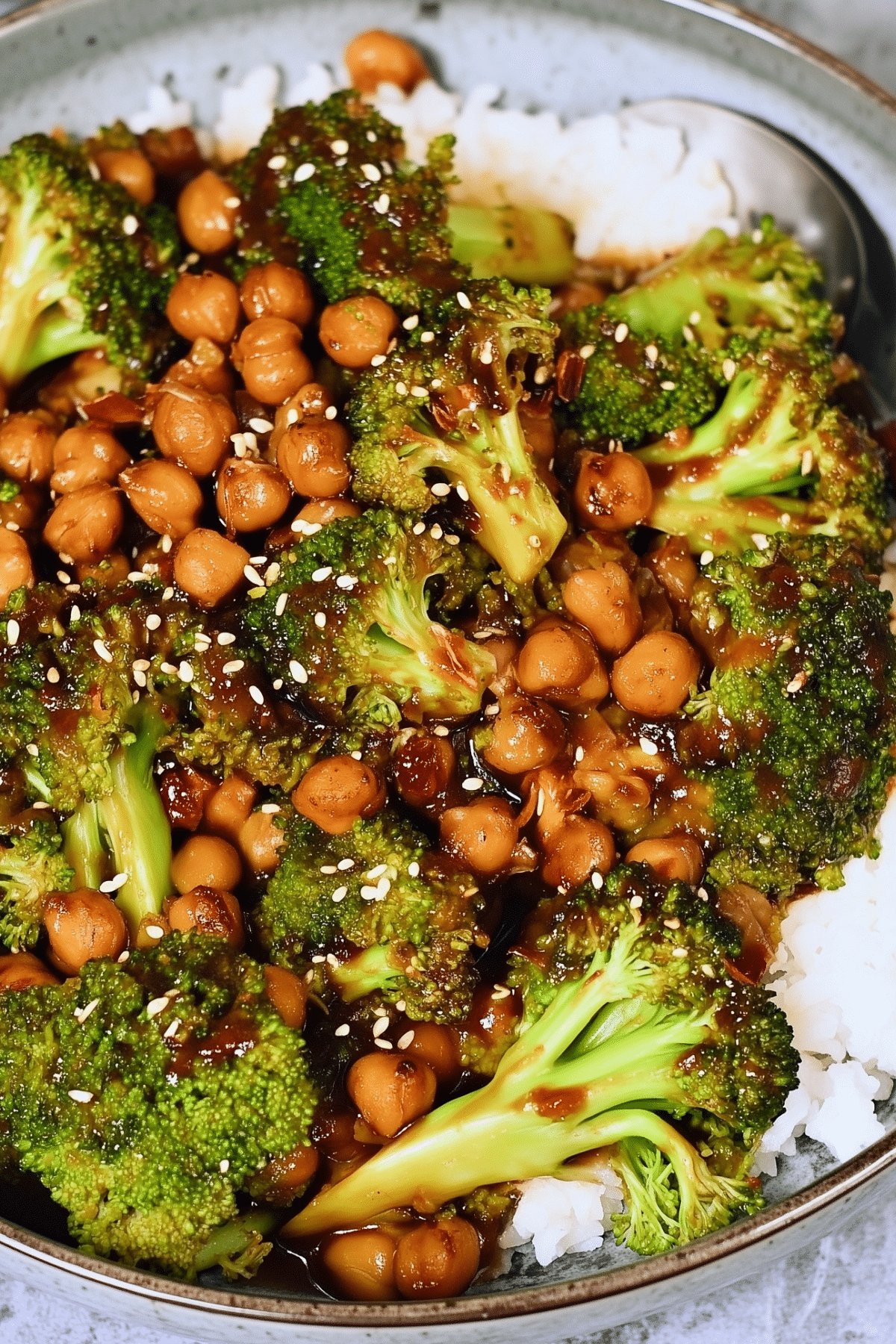 Garlic Broccoli Stir Fry with Chickpeas served in a bowl