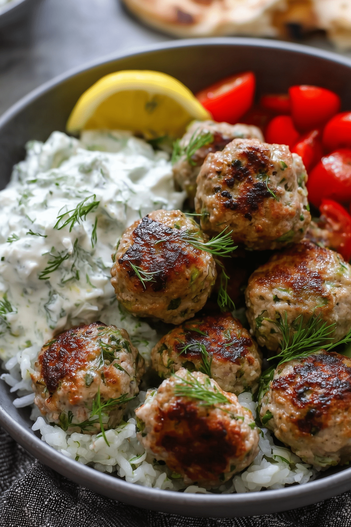 Greek Turkey Meatballs with Tzatziki Sauce on a plate