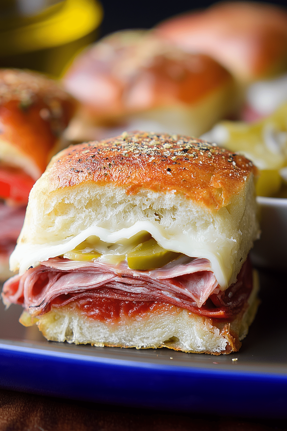 Hot Italian Sub Sliders with melted cheese and deli meats