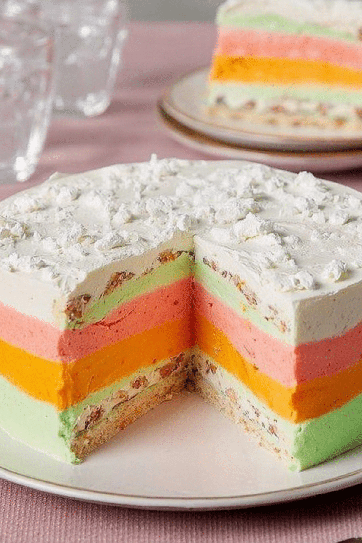 Layered Sherbet Dessert with colorful rainbow layers and creamy filling