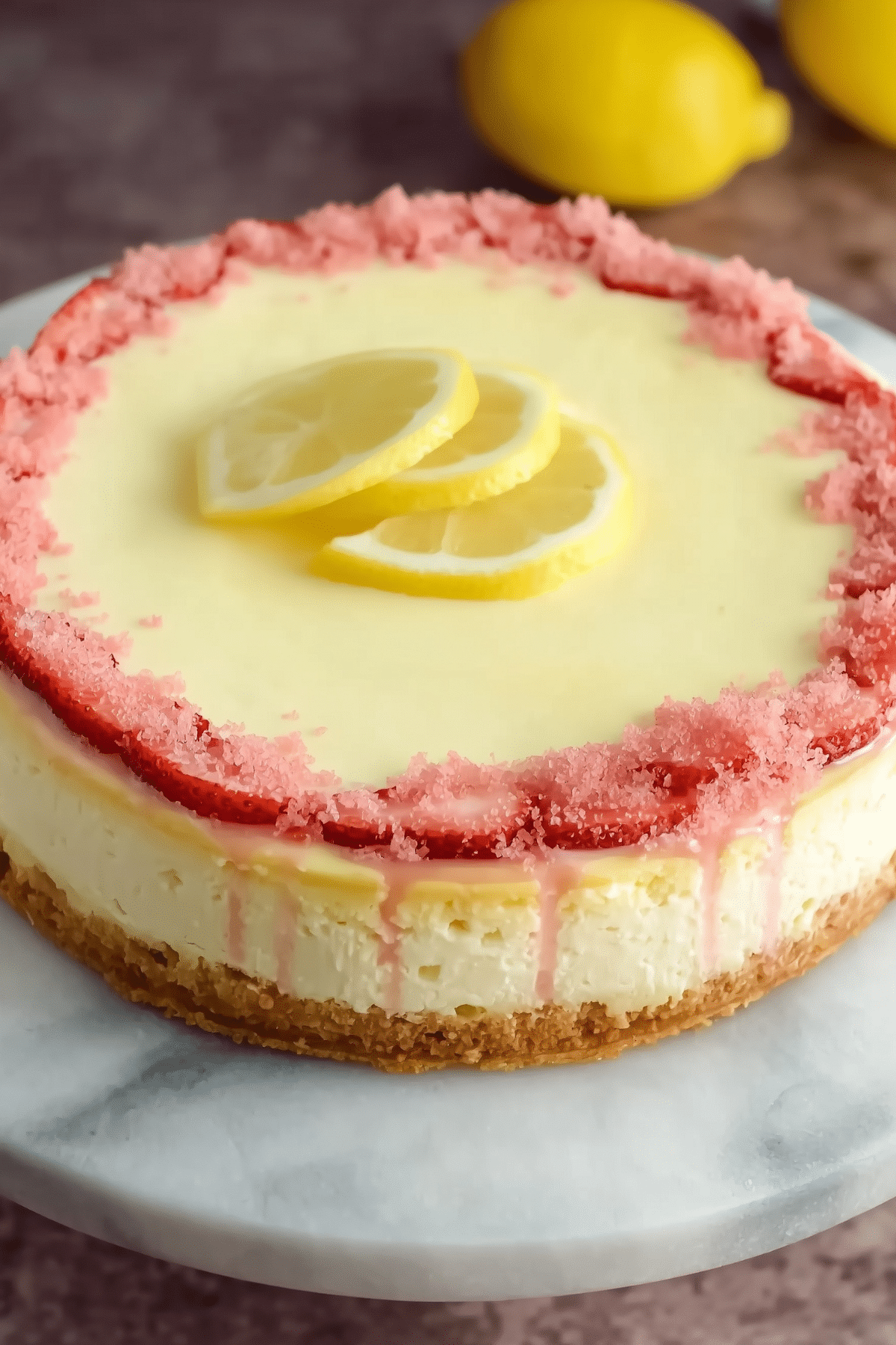 Lemon Cheesecake with Strawberry Crust on a plate, with fresh strawberries