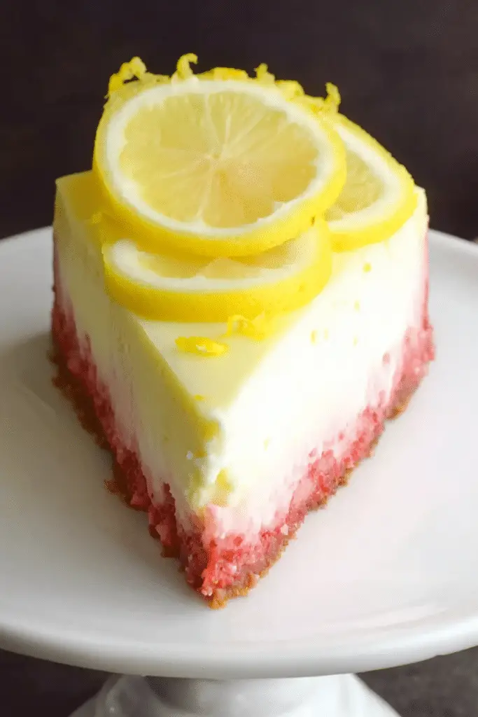 Lemon Cheesecake with Strawberry Crust on a plate, with fresh strawberries