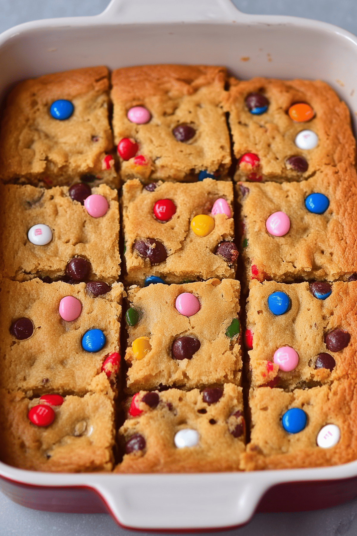 M&M Cookie Bars with colorful candy