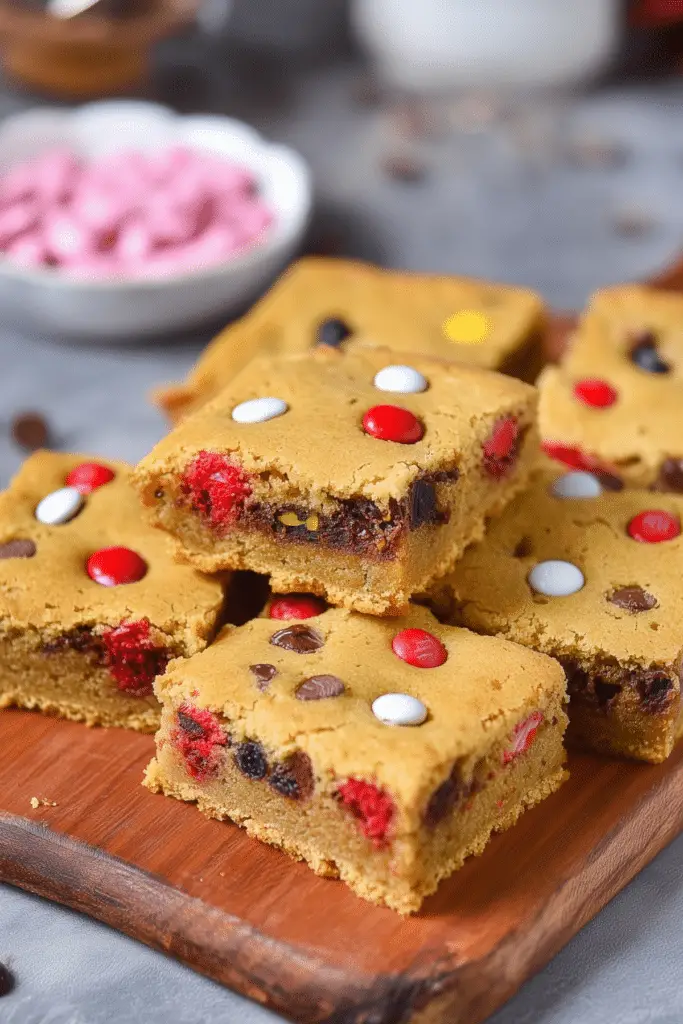 M&M Cookie Bars with colorful candy