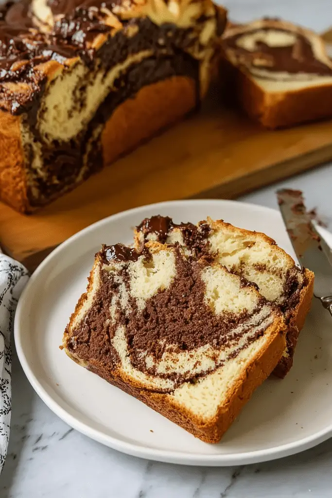 Nutella Swirl Bread with chocolate hazelnut swirl and crumb topping