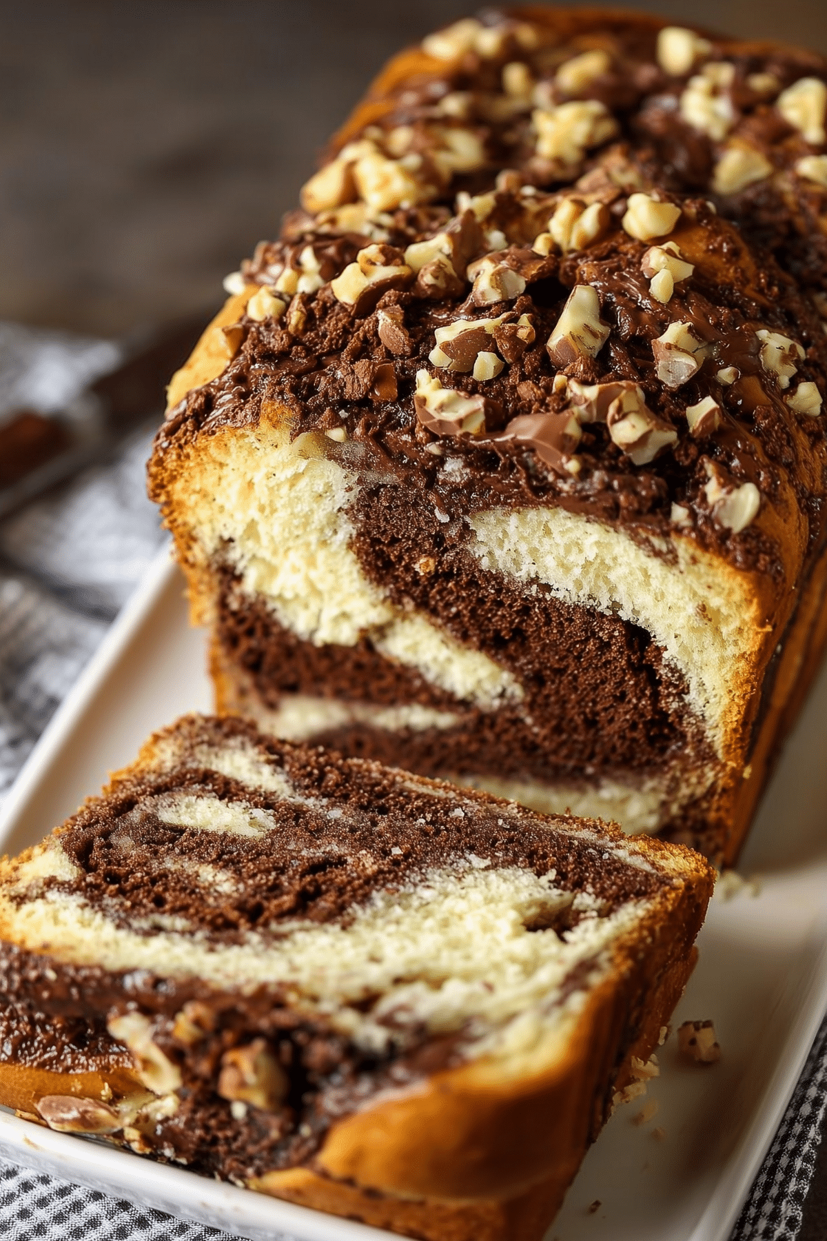 Nutella Swirl Bread with chocolate hazelnut swirl and crumb topping