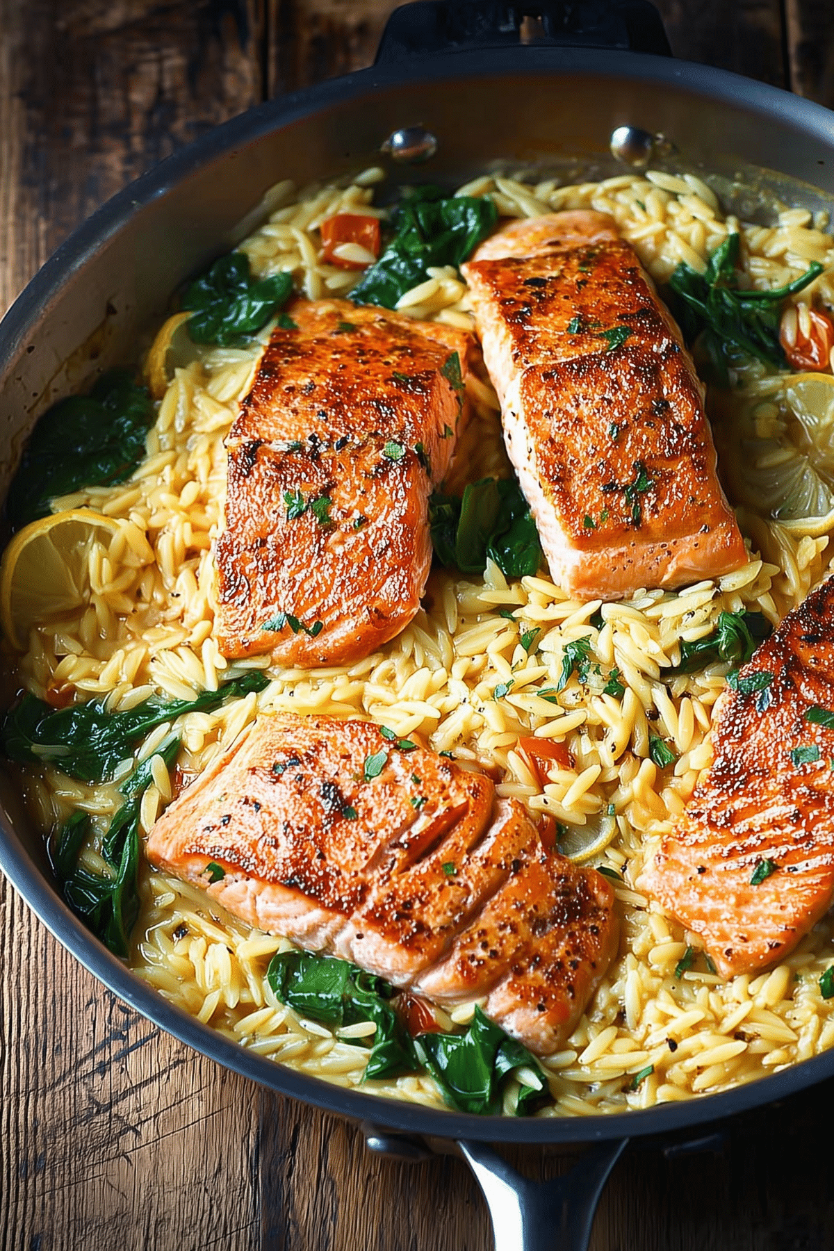 One Skillet Salmon with Lemon Orzo served in a pan