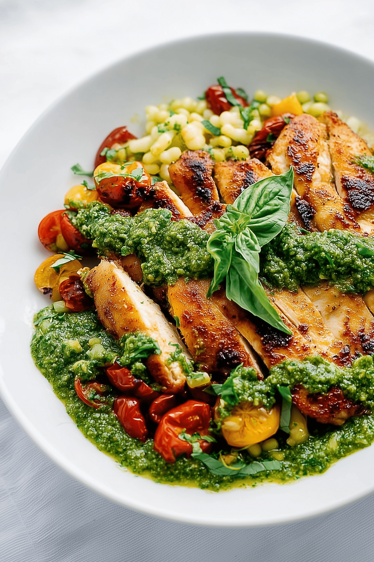 Juicy baked pesto chicken with melted cheese and tomatoes