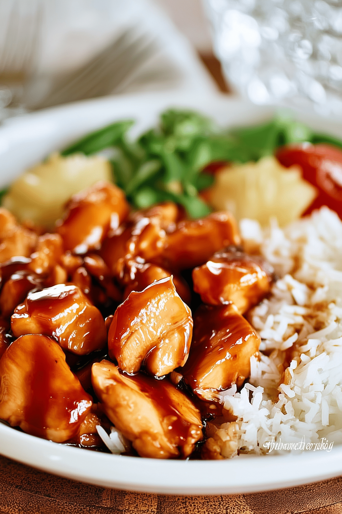 Pineapple Teriyaki Chicken served with rice and garnished with sesame seeds