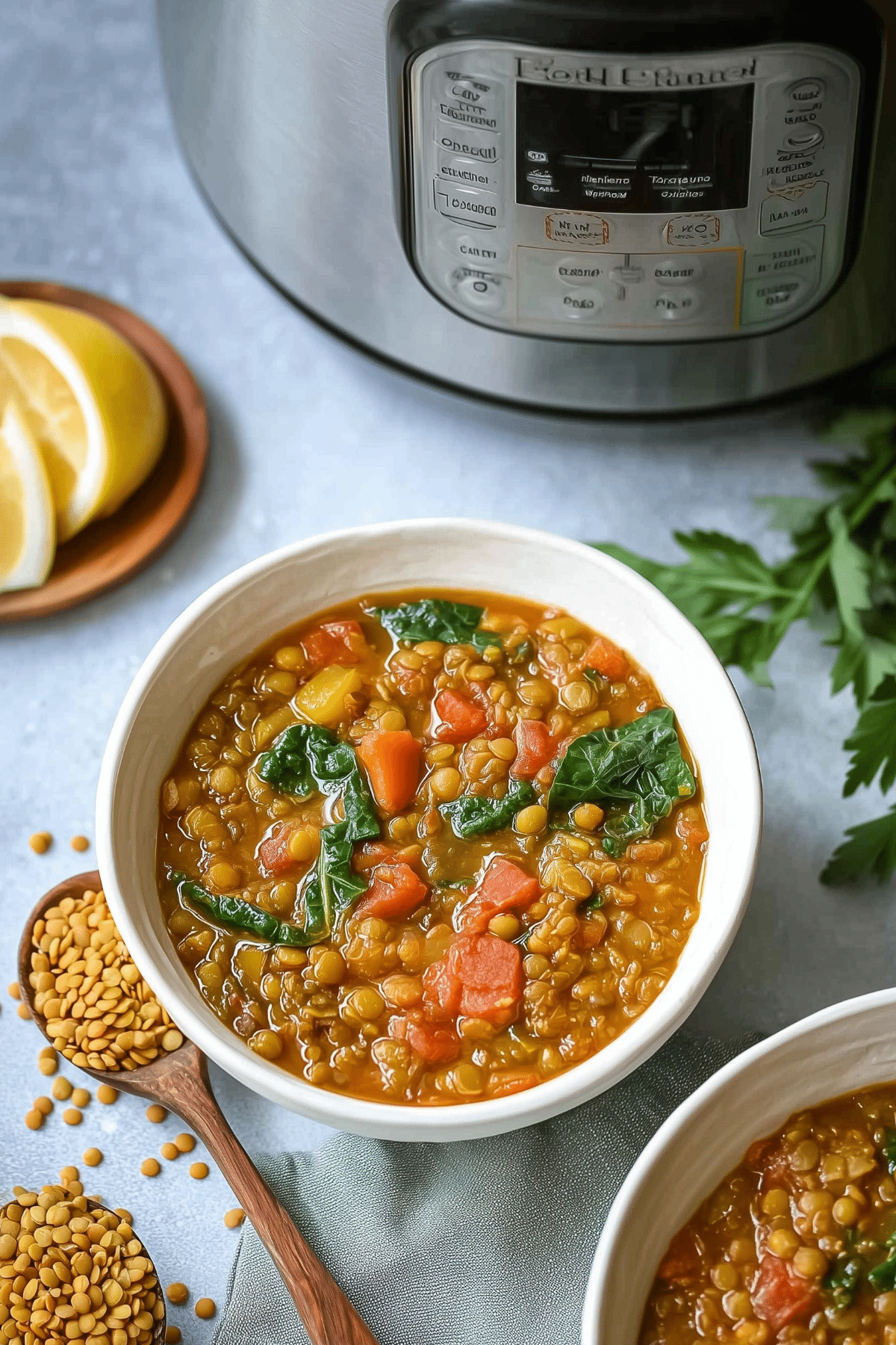 Instant Pot Lentil Soup in a bowl with vegetables and lentils