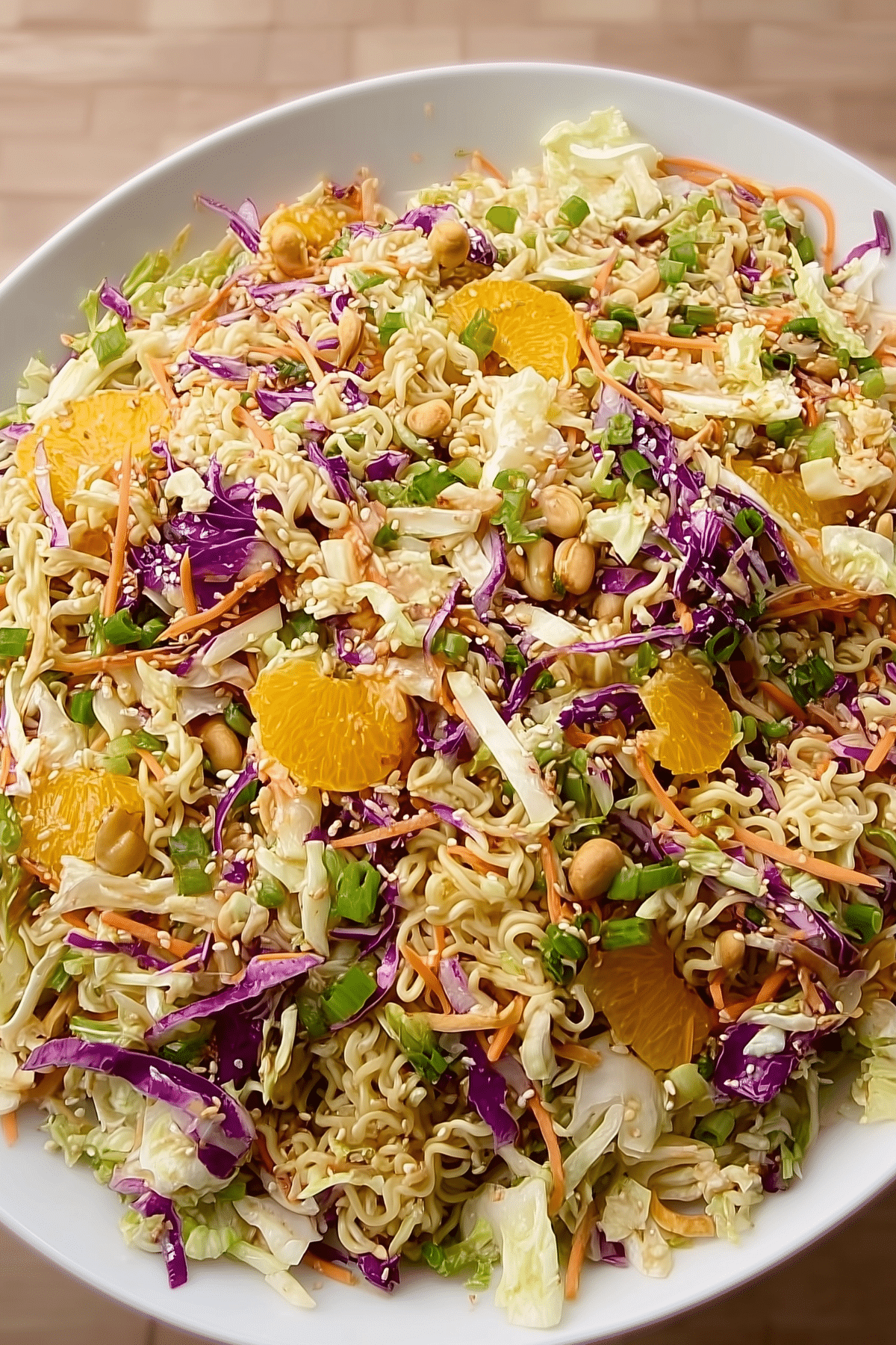 Ramen noodle salad with cabbage, carrots, and toasted noodles