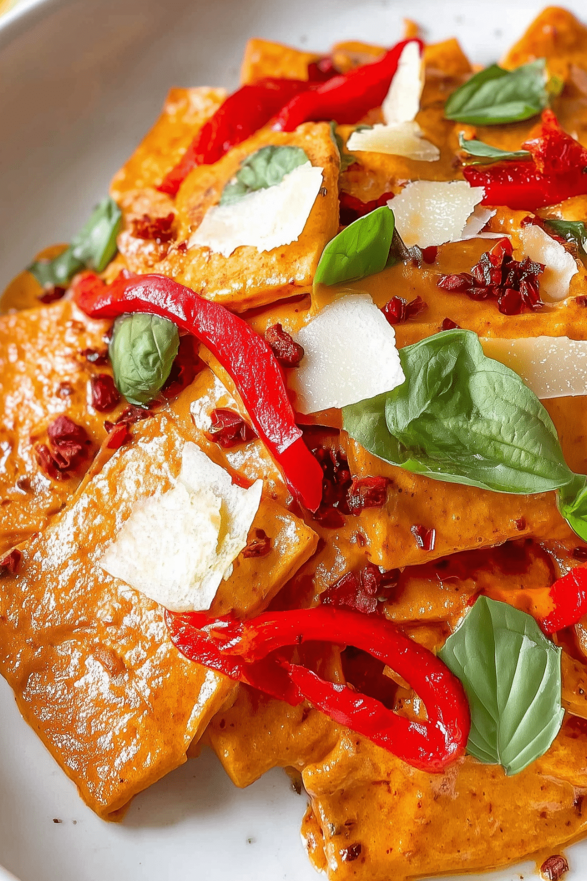 Creamy red pepper pasta with fresh herbs and roasted peppers