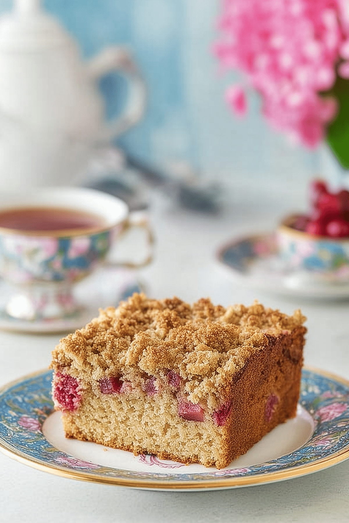 Rhubarb Sour Cream Coffee Cake with crumbly streusel topping