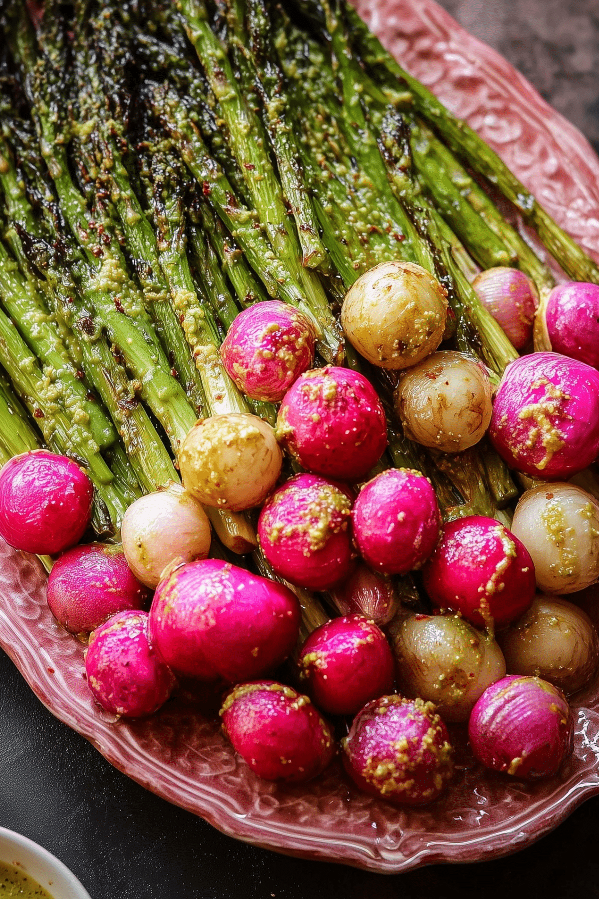 Roasted Asparagus and Radishes with Mustard Vinaigrette served fresh