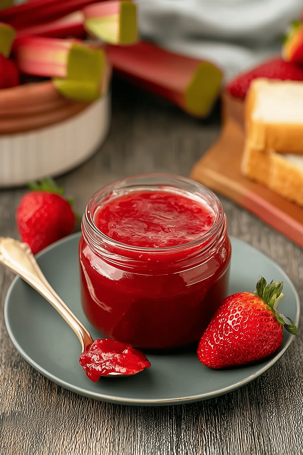 Small Batch Strawberry Rhubarb Jam in a glass jar with fresh strawberries and rhubarb