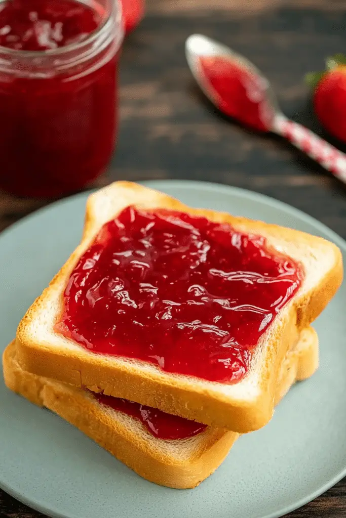 Small Batch Strawberry Rhubarb Jam in a glass jar with fresh strawberries and rhubarb