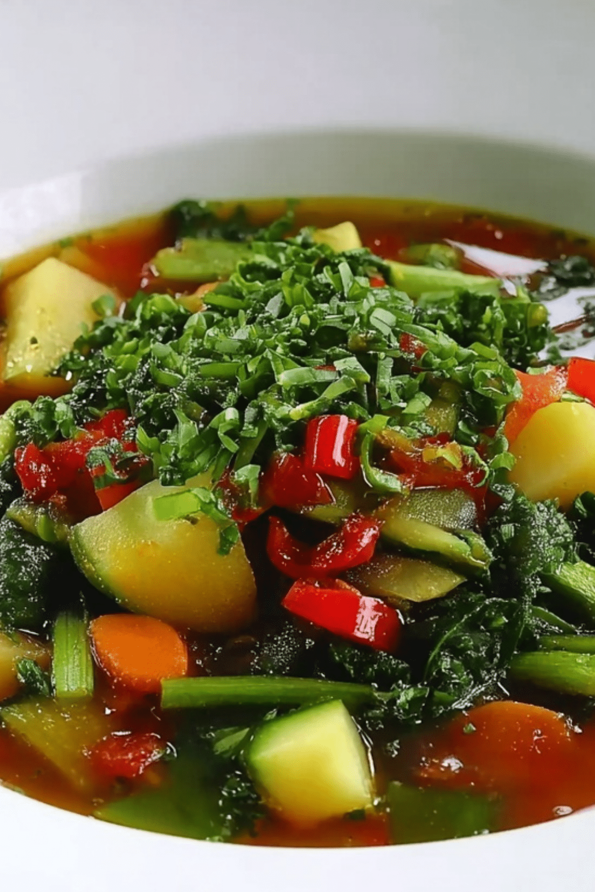 Spicy Vegetable Soup in a bowl with fresh vegetables and herbs