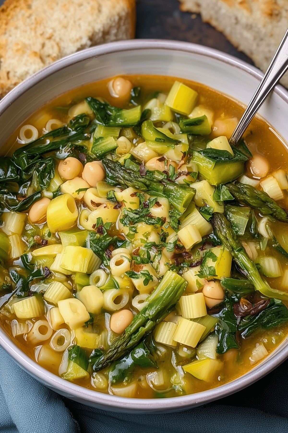 Spring Minestrone Soup with fresh vegetables and herbs in a bowl