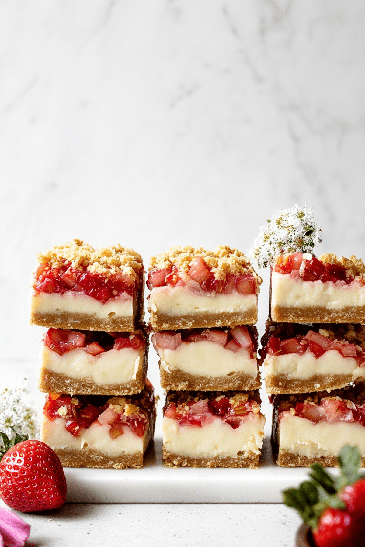 Strawberry rhubarb cheesecake bars with fresh fruit and crumble topping