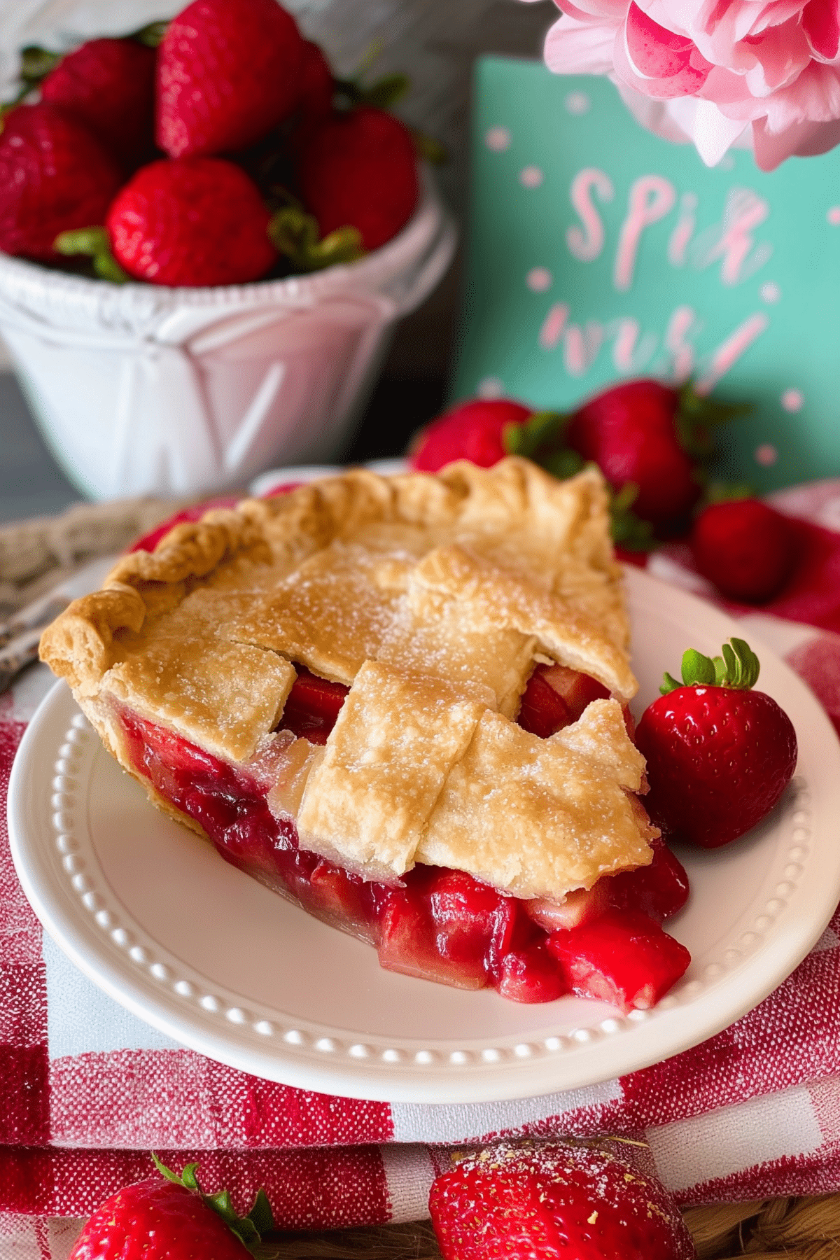 Strawberry rhubarb pie with a golden crust and juicy filling