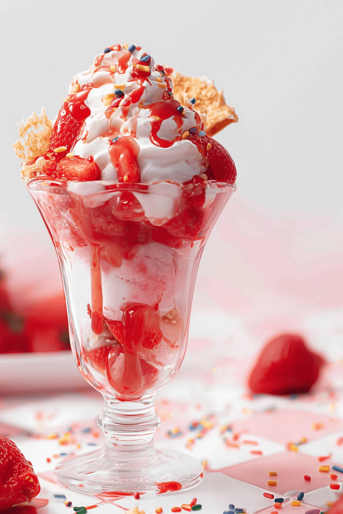 Strawberry Sundae with fresh strawberries, whipped cream, and syrup