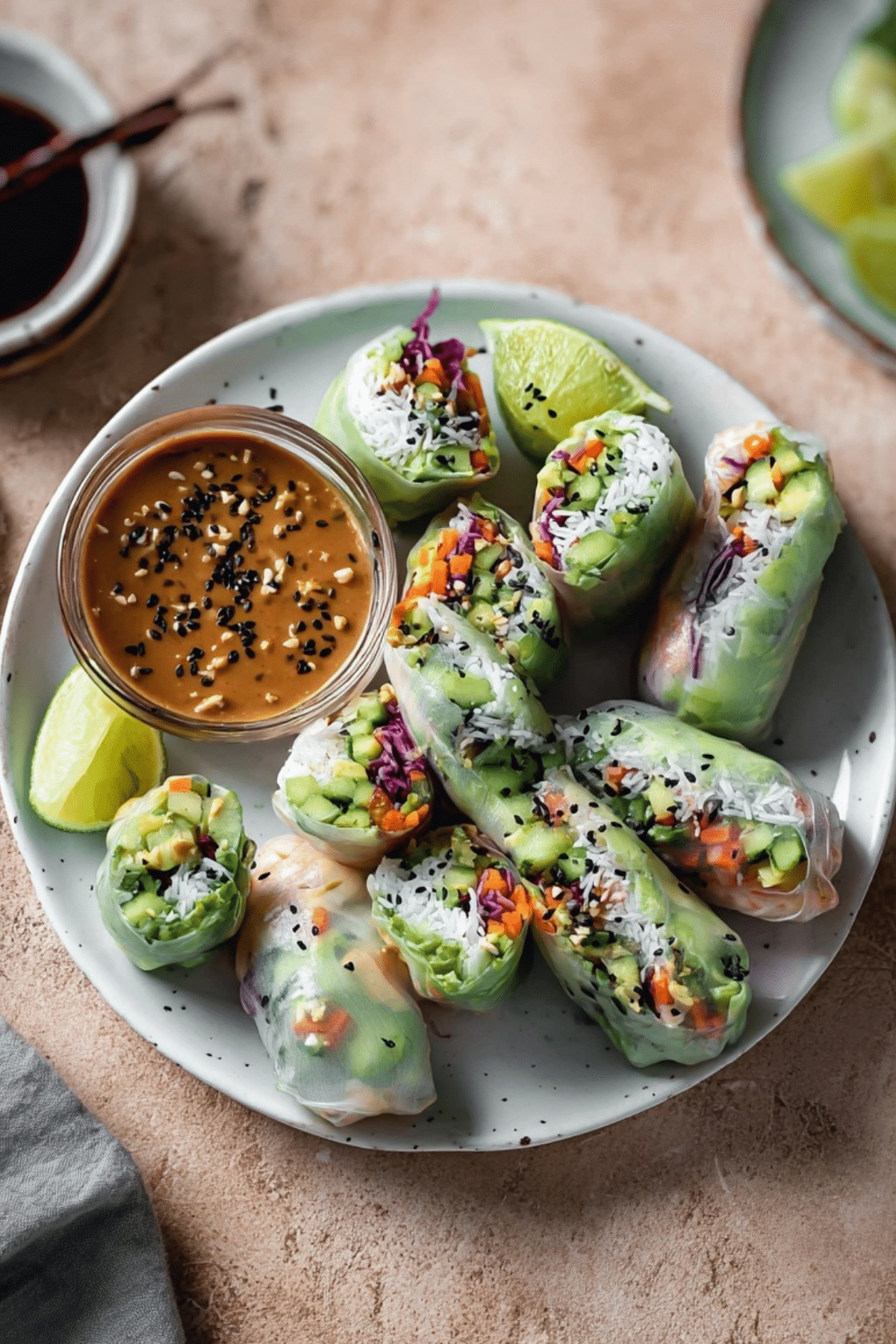 Vegan Rice Paper Rolls with Spicy Peanut Sauce, healthy and fresh meal