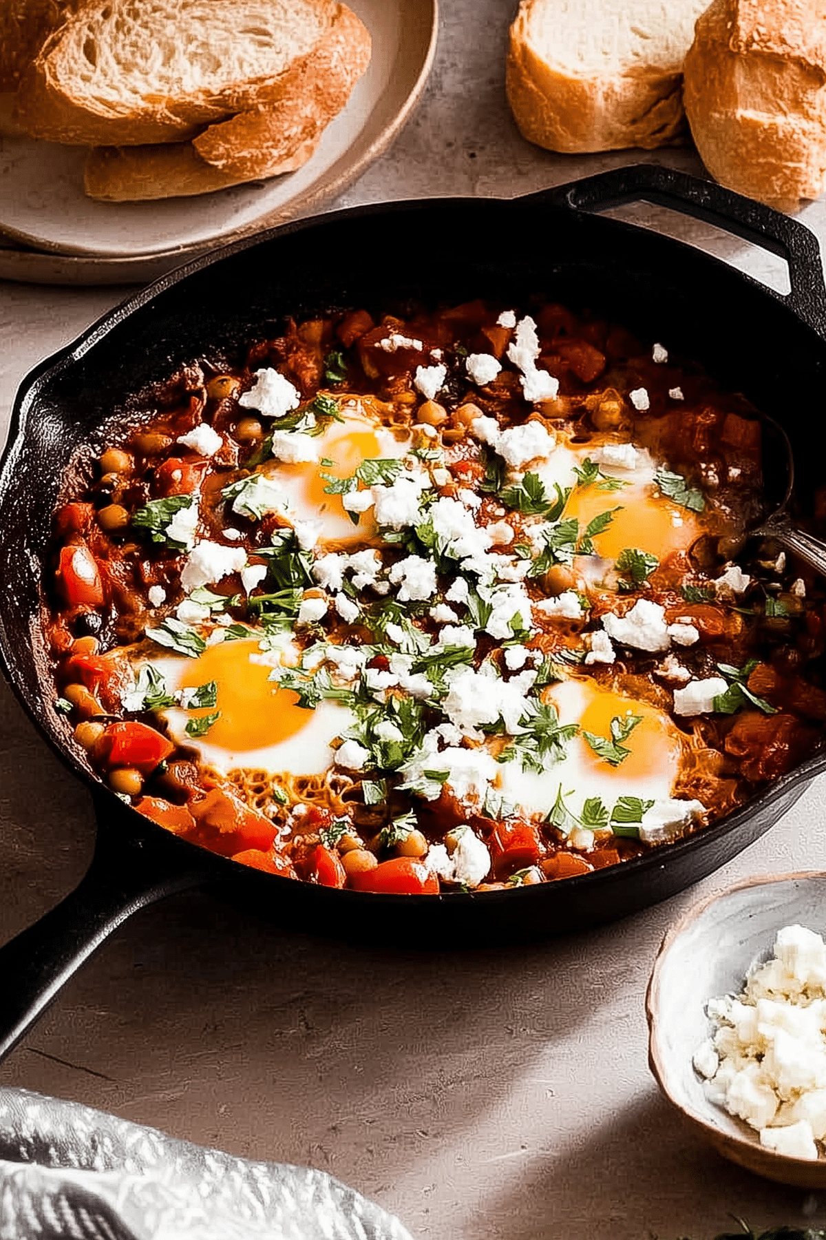 Vegetarian Shakshuka served in a skillet with eggs and tomato sauce