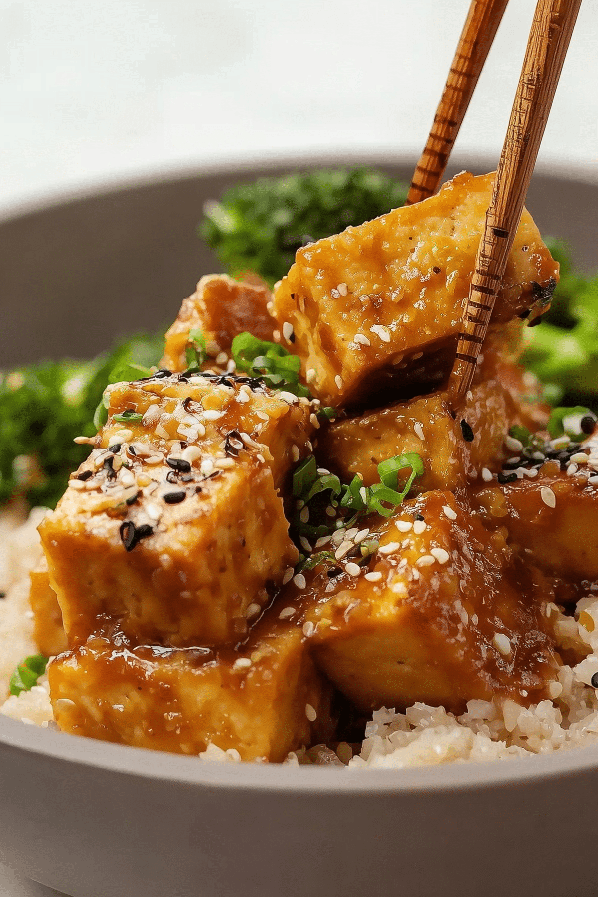 Sticky Miso Tofu air-fried with crispy tofu and savory glaze