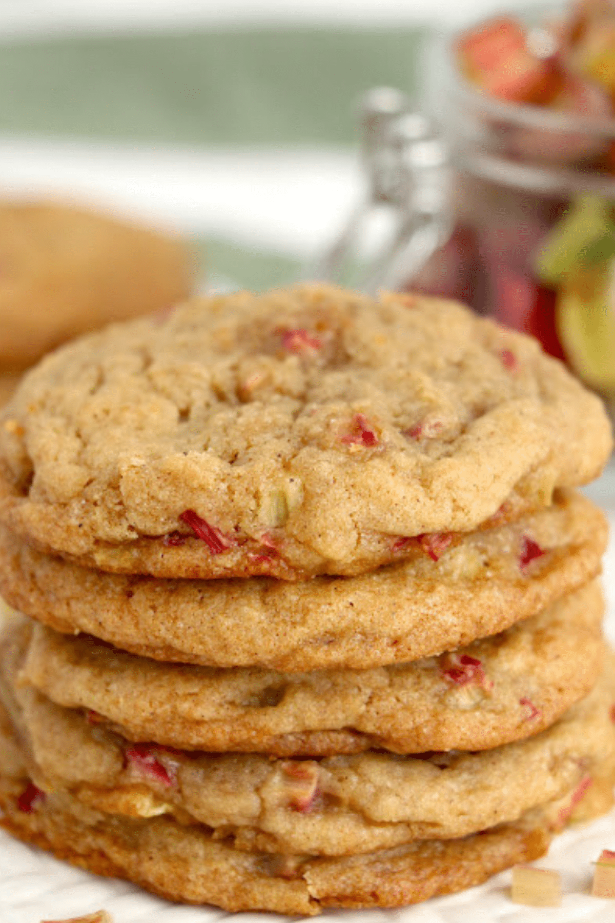Brown Sugar Rhubarb Cookies on a plate with a rustic background