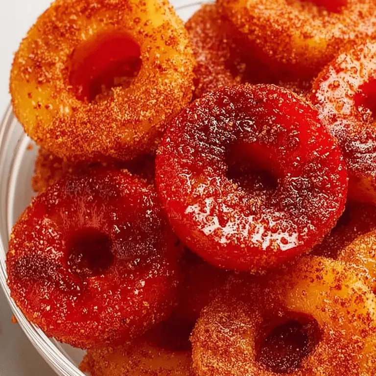 Homemade Chamoy peach rings coated with chamoy and chile lime seasoning
