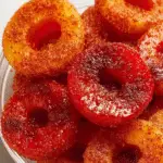 Homemade Chamoy peach rings coated with chamoy and chile lime seasoning