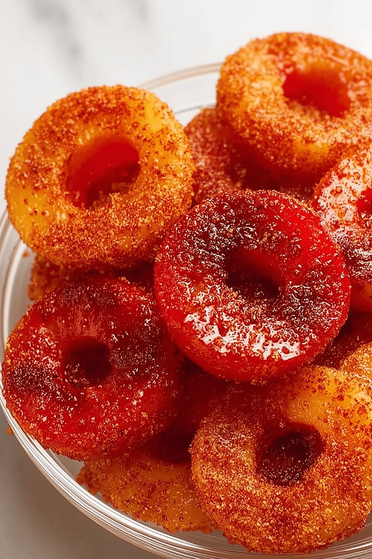 Homemade Chamoy peach rings coated with chamoy and chile lime seasoning