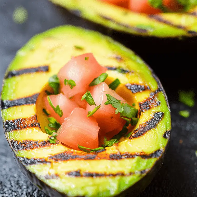 Grilled avocado halves with salsa and grill marks