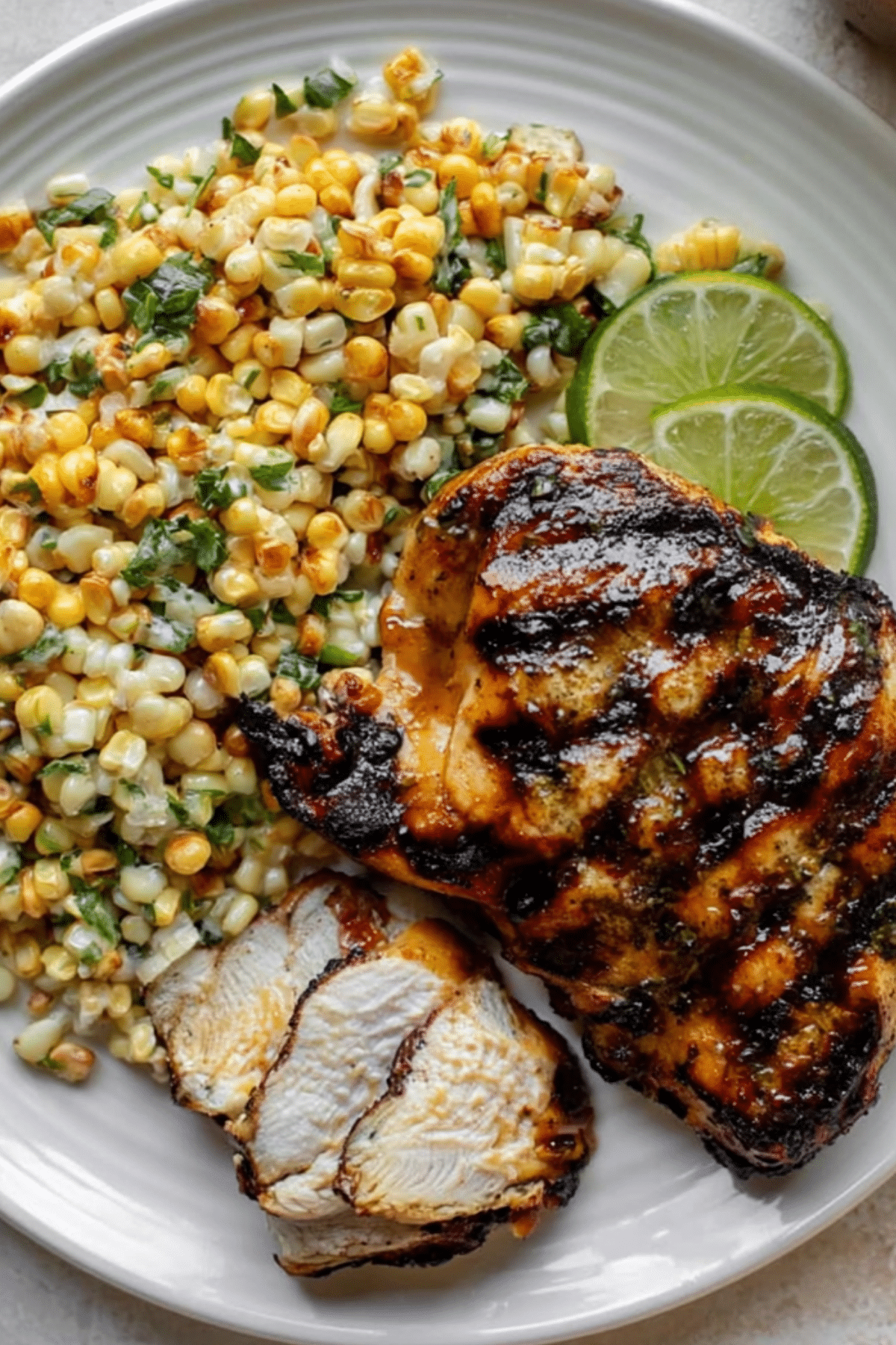 Grilled Hot Honey Chicken with Sweet Corn Salad served fresh with herbs and lime