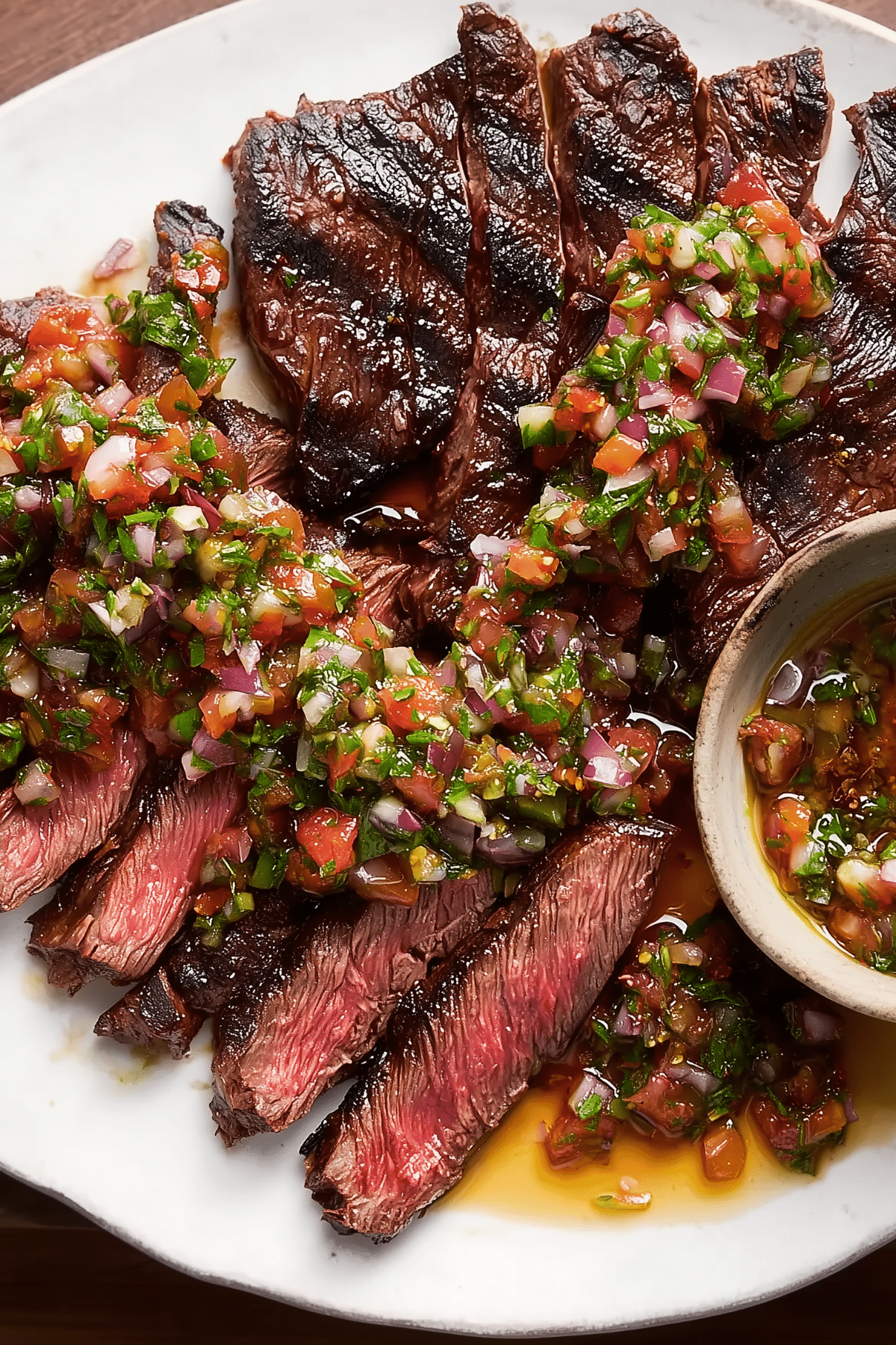Grilled Skirt Steak with Grated Tomato Salsa served on a plate