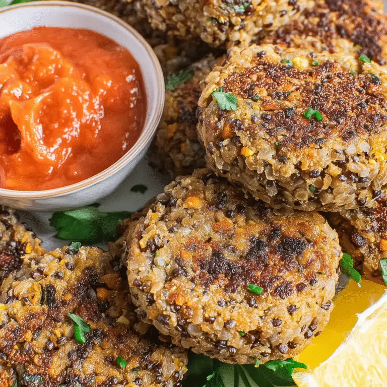 Homemade lentil patties served with fresh herbs and sauce