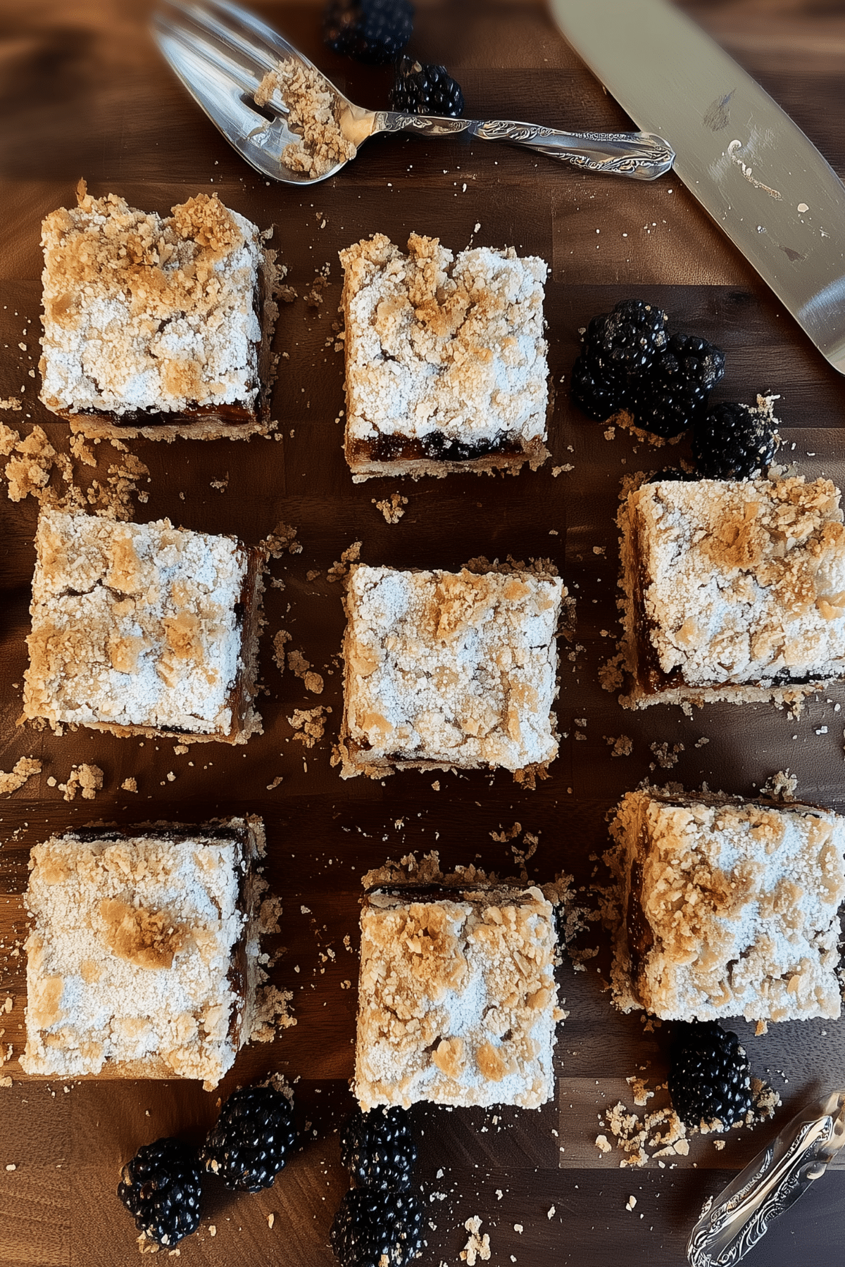 Freshly baked mulberry crumble bars with golden topping