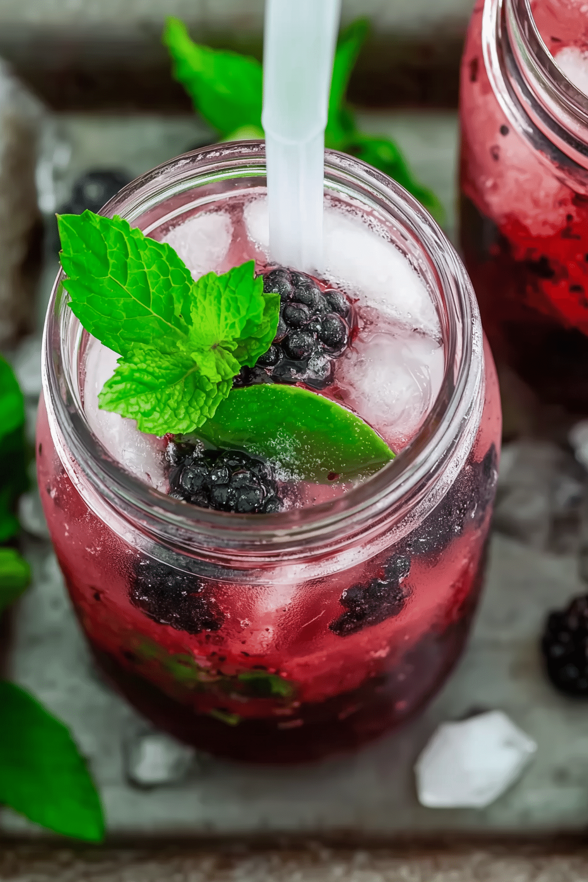 Mulberry Mojitos served in a glass with mint and lime garnish